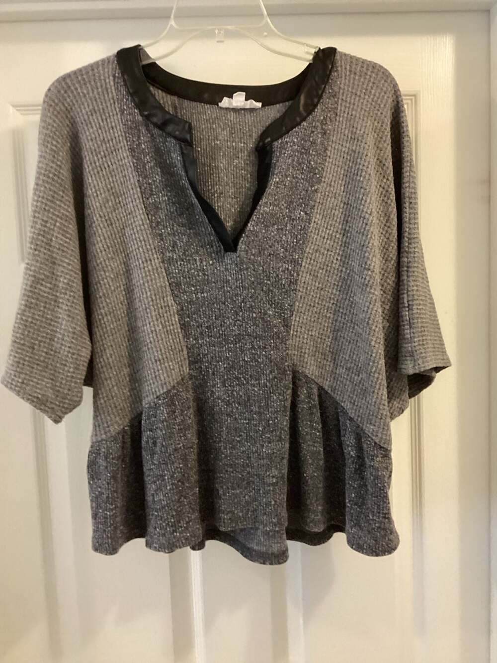 THML Colorblock Waffle Knit Poncho Style Top with Faux Leather Trim